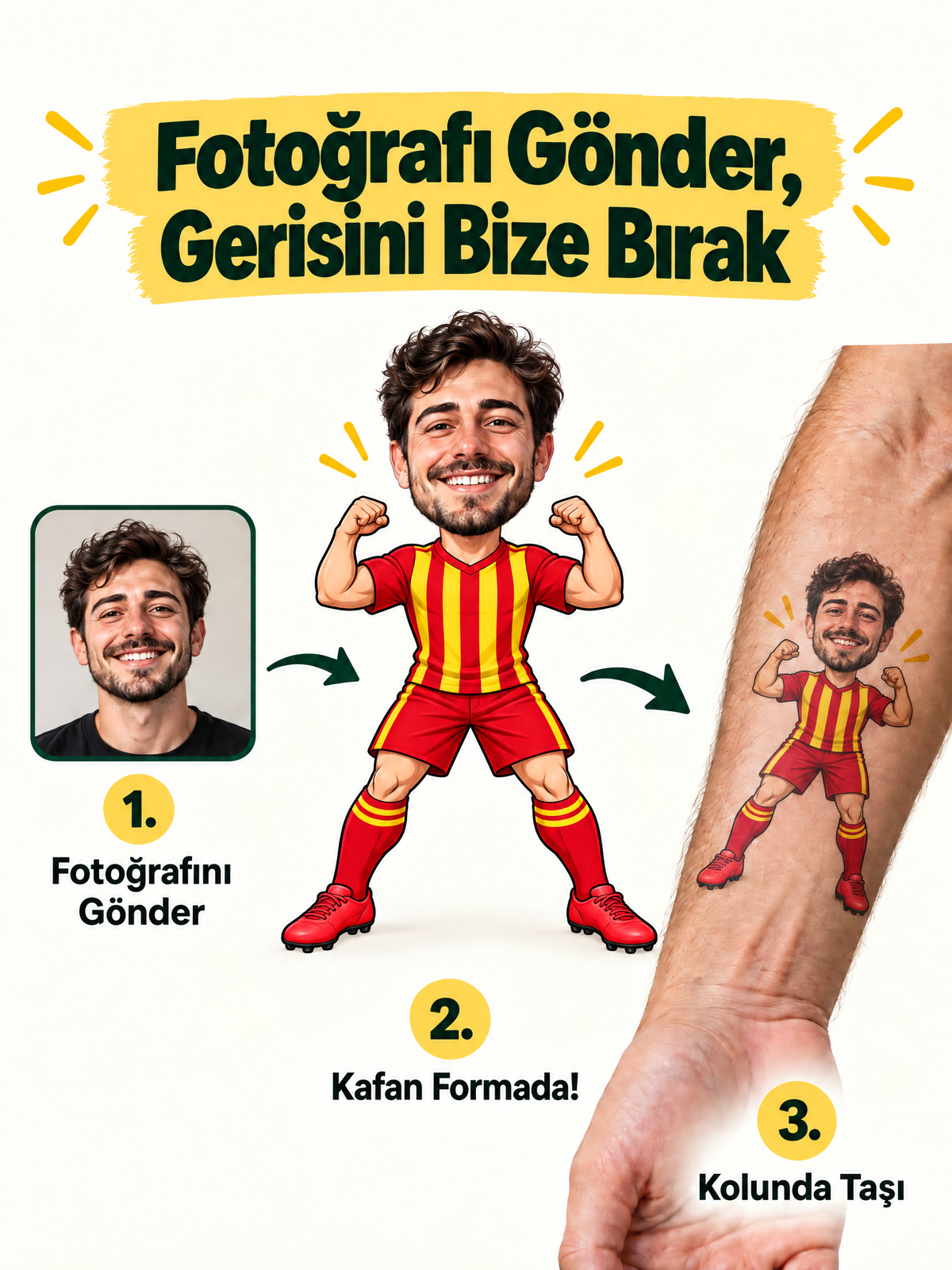 Kişiye Özel Taraftar Dövmesi Sarı Kırmızı Forma | Fotoğraflı Geçici Dövme – Stash Market