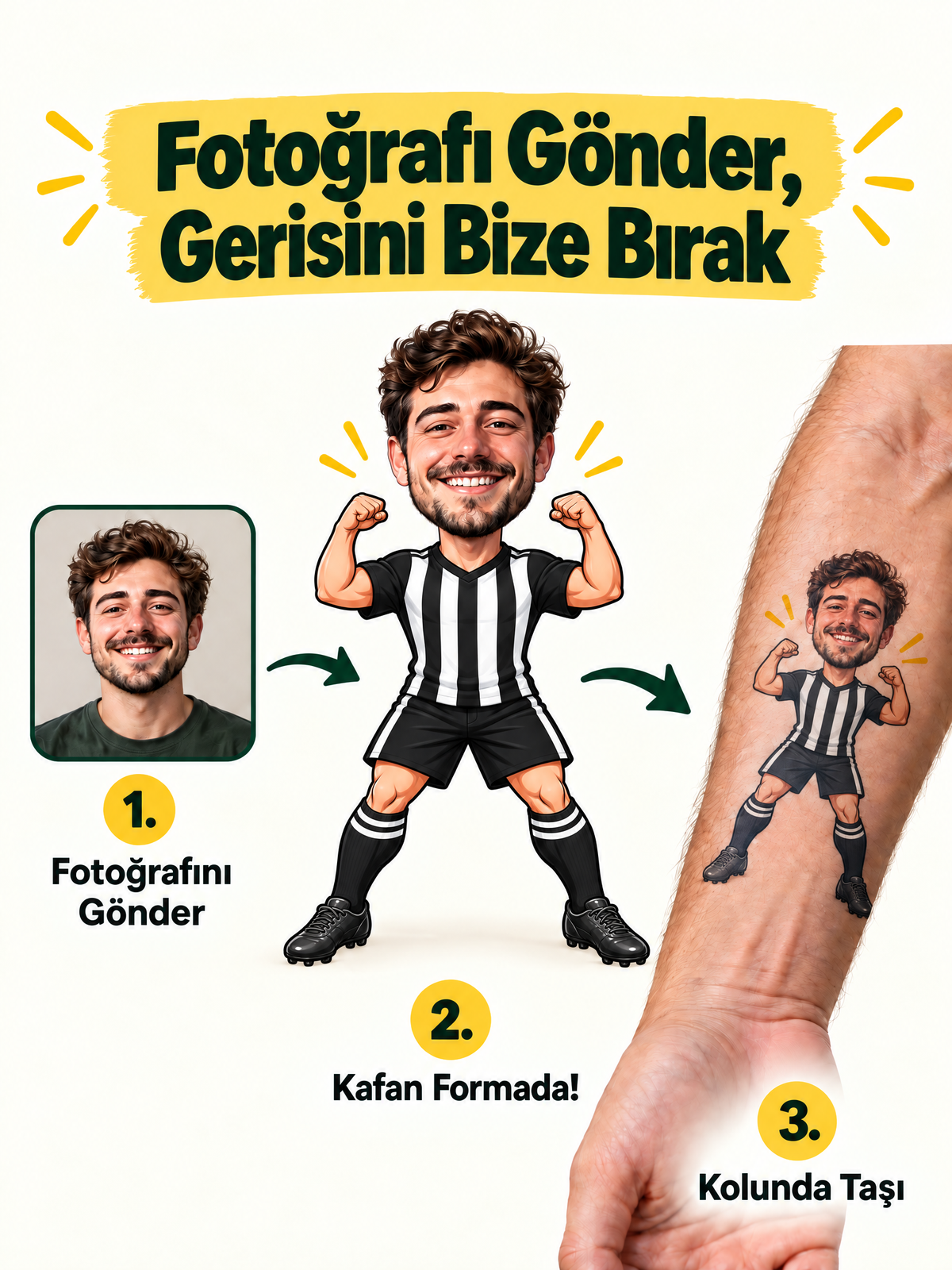 Kişiye Özel Taraftar Dövmesi Siyah Beyaz Forma | Fotoğraflı Geçici Dövme – Stash Market